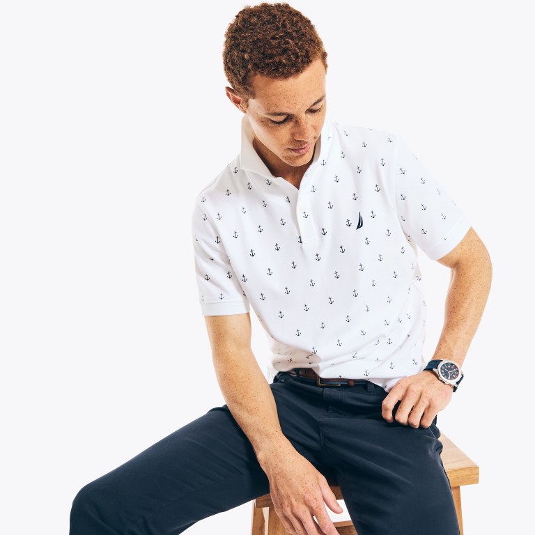 Men's Nautica Classic Fit Anchor Print Polo Shirts White | IO0CnDra