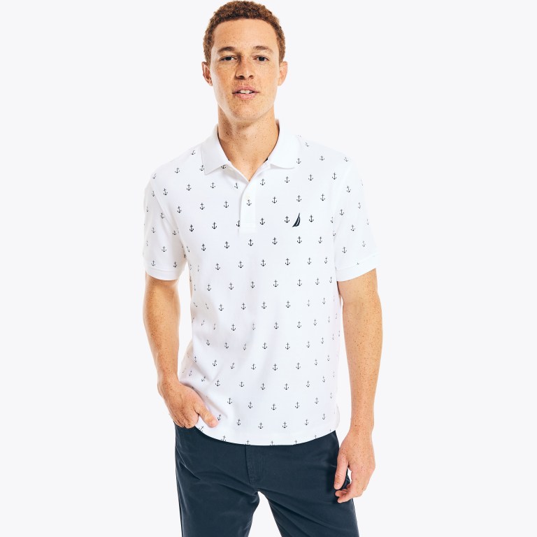 Men\'s Nautica Classic Fit Anchor Print Polo Shirts White | IO0CnDra